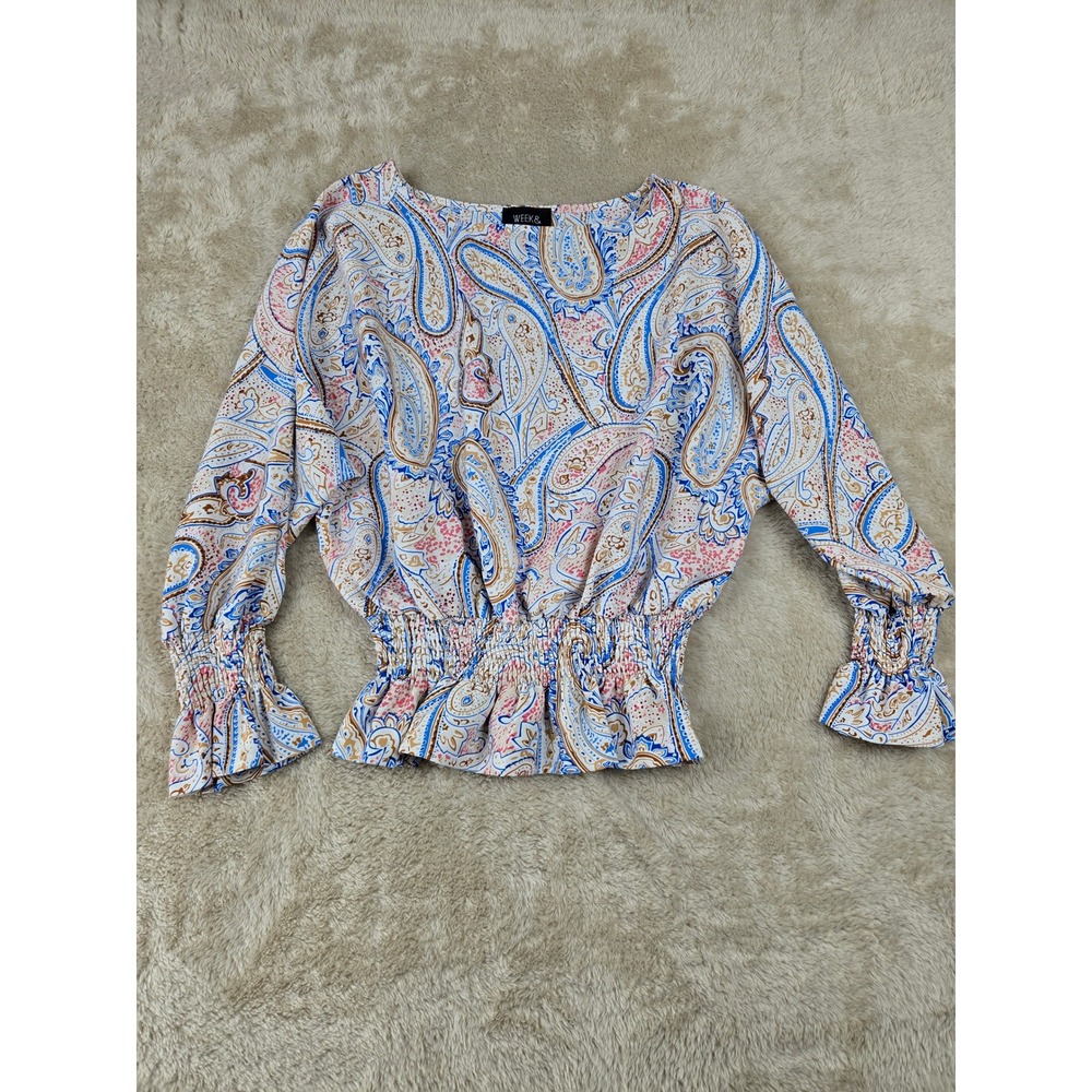 WEEK& Paisley Print Smocked Waist Flare Sleeve‎ Blouse Top Women's Size S